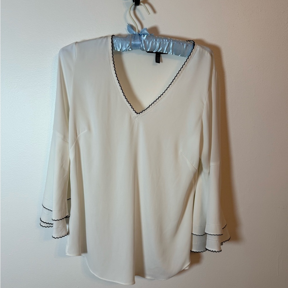 White House Black Market Elegant White V-Neck Women's Top with‎ bell sleeves